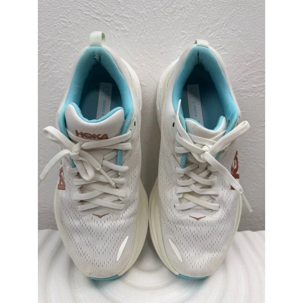 HOKA Bondi 8 Women's Running Shoes White Blue Cushioned Sneakers Size 7B